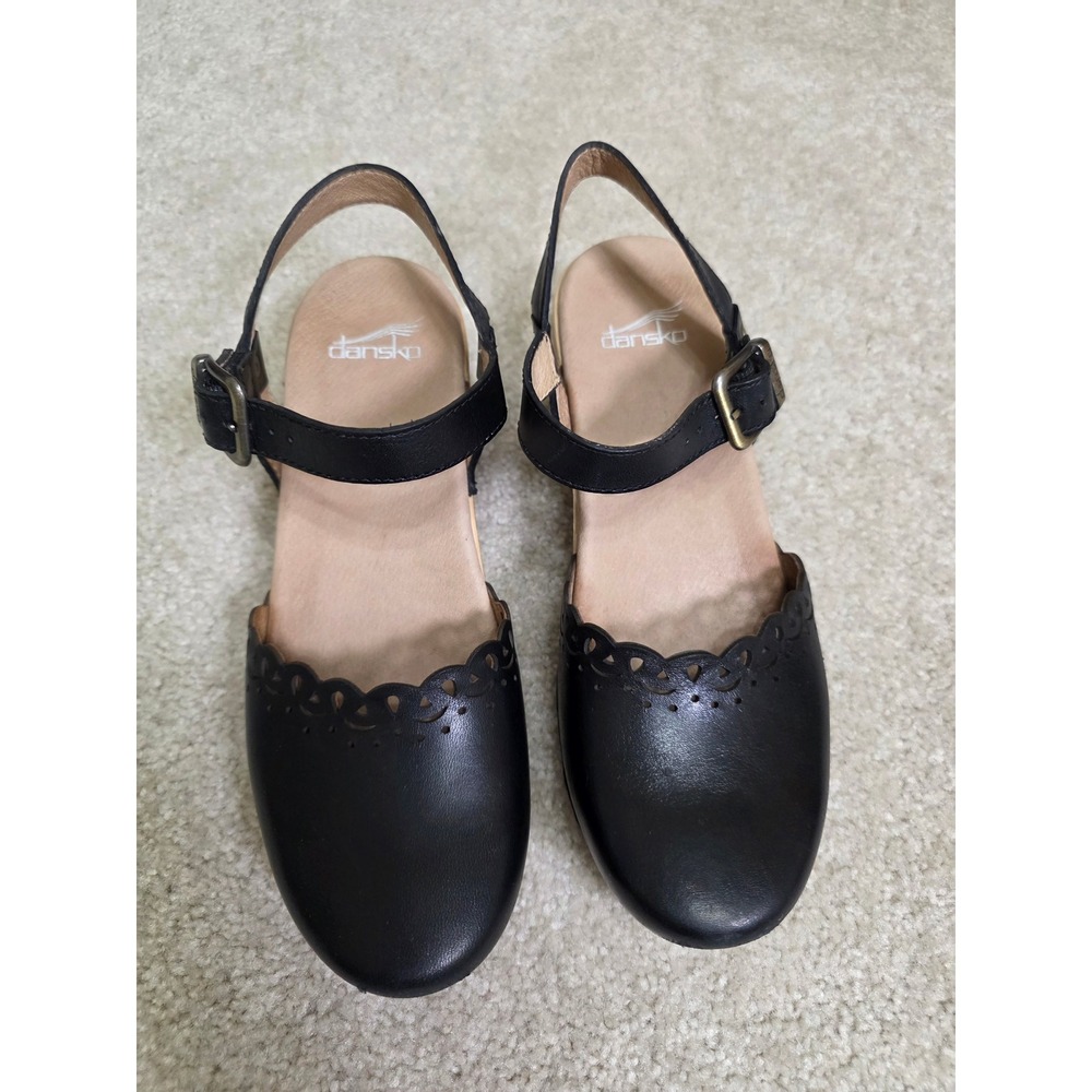 Dansko Black Leather Scalloped Ankle Strap Clog Heels EU 39 (8.5-9)